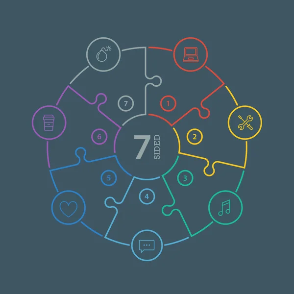 Schema infografico con presentazione di puzzle colorato a spettro arcobaleno piatto numerato con icone isolate su sfondo scuro — Vettoriale Stock