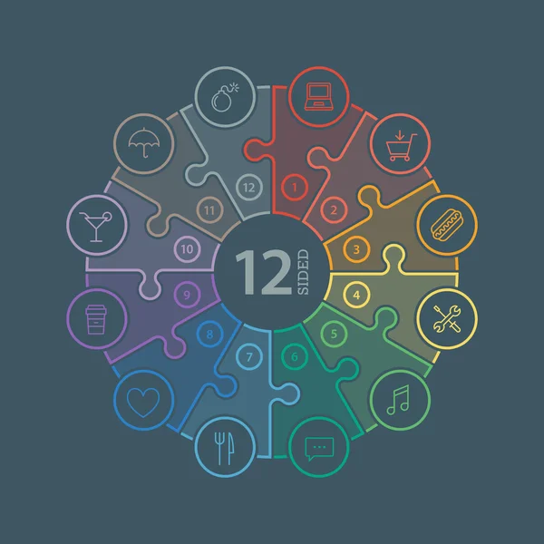 Schema infografico con presentazione di puzzle colorato a spettro arcobaleno piatto numerato con icone isolate su sfondo scuro — Vettoriale Stock