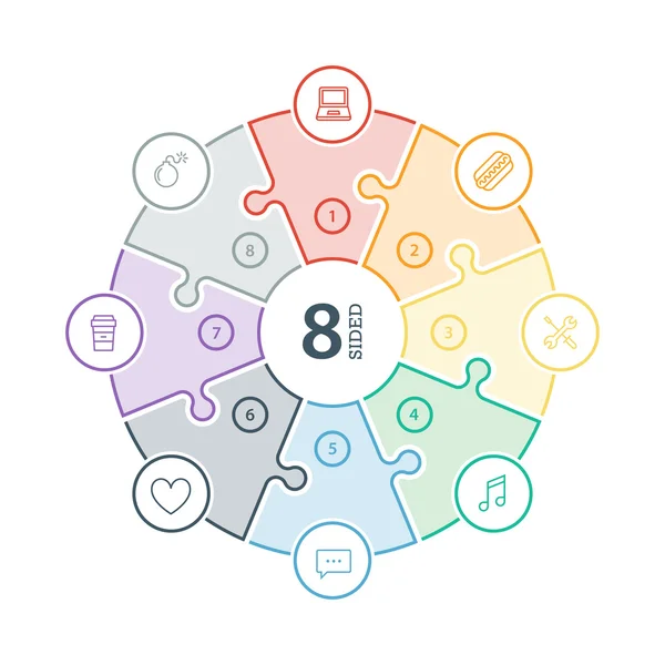 Schema infografico con presentazione di puzzle colorato a spettro arcobaleno piatto numerato con icone isolate su sfondo bianco — Vettoriale Stock