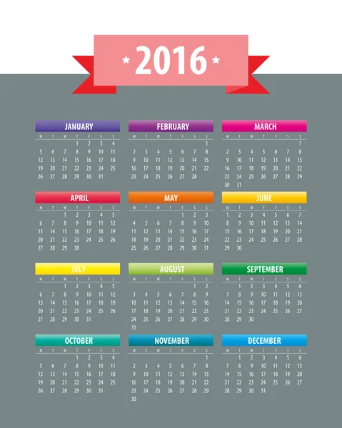 Calendário 2016 colorido — Vetor de Stock