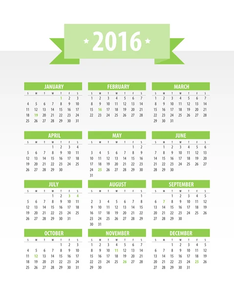 Färgglada 2016 kalender — Stock vektor