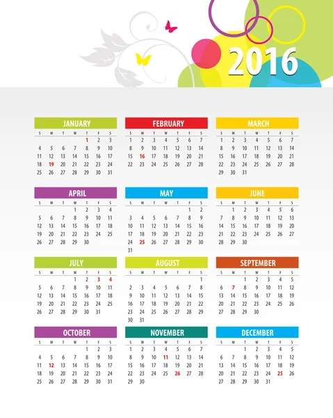 カラフルな 2016年カレンダー — ストックベクタ