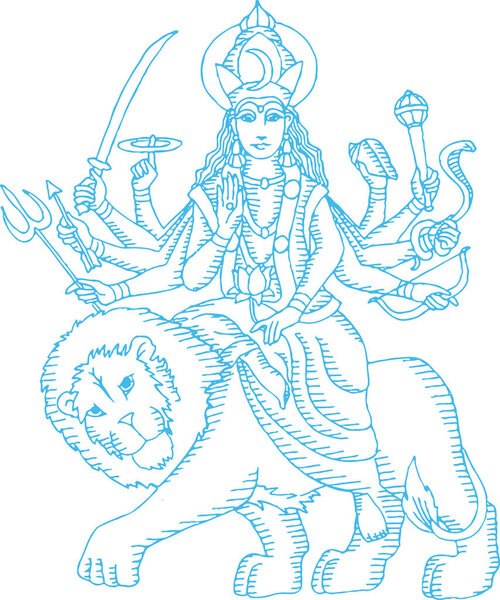 Drawing or Sketch of Goddess Chamundi or Durga Maa Outline Editable Vector Illustration
