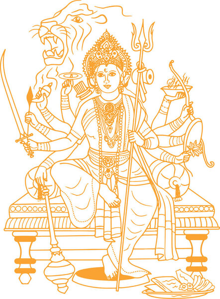 Drawing or Sketch of Goddess Chamundi or Durga Maa Outline Editable Vector Illustration