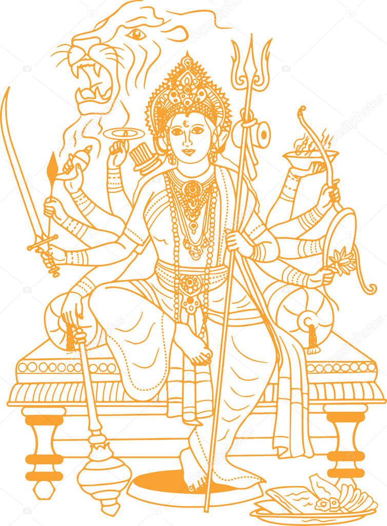 Drawing or Sketch of Goddess Chamundi or Durga Maa Outline Editable Vector Illustration