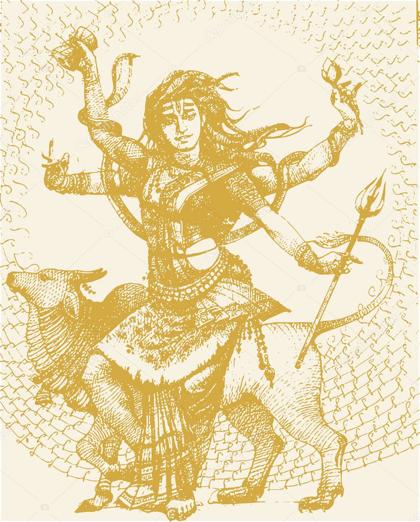 Drawing or Sketch of Goddess Chamundi or Durga Maa Outline Editable Vector Illustration