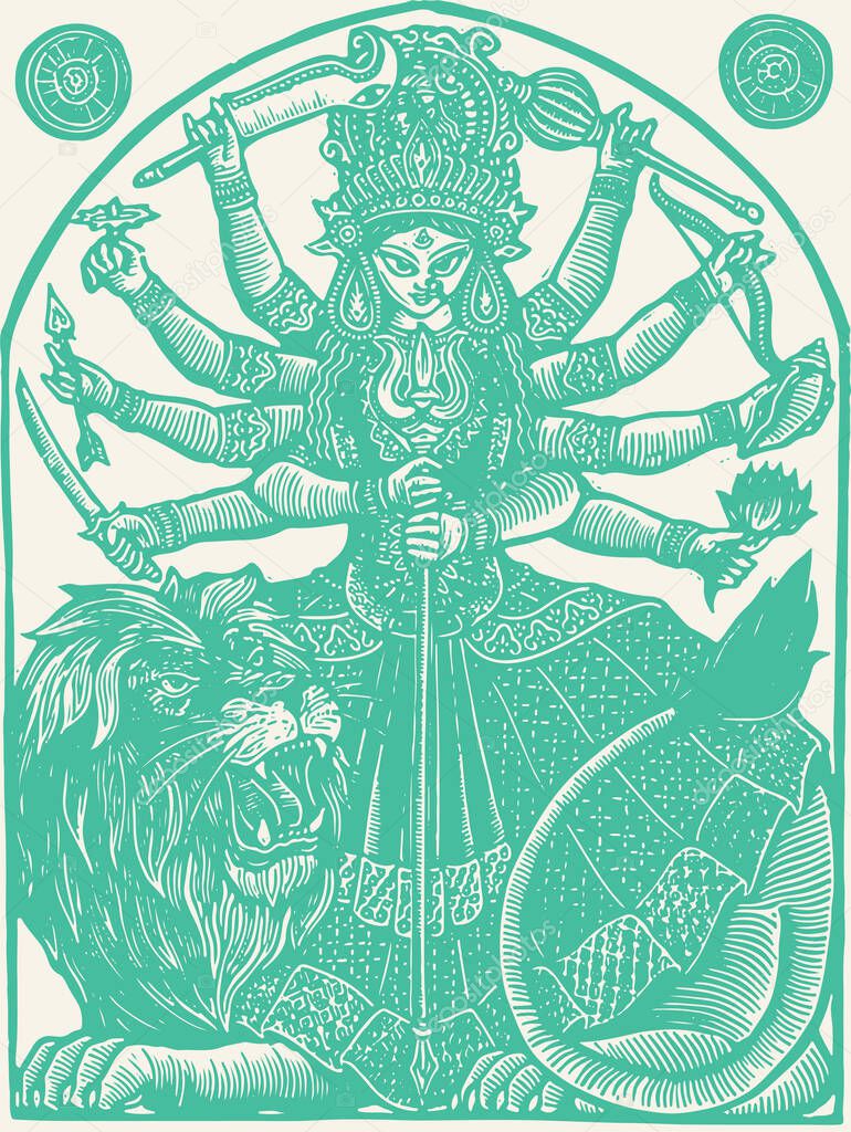 Sketch of Goddess Chamundi or Durga Maa Outline Editable Vector Illustration 