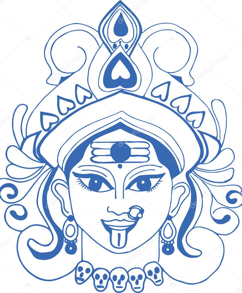 Drawing or Sketch of Angry Goddess and Wife of Lord Shiva Durga Maa or Kali Matha Outline editable vector illustration
