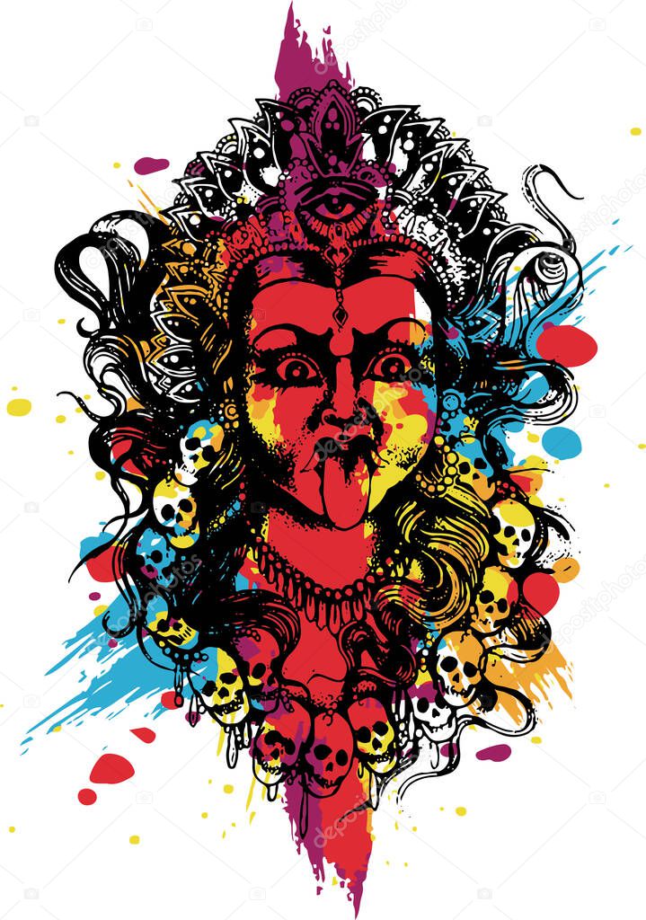Drawing or Sketch of Angry Goddess and Wife of Lord Shiva Durga Maa or Kali Matha Outline editable vector illustration
