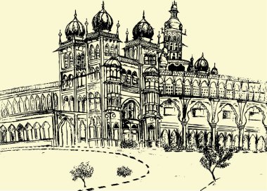 Mysore Sarayı 'nın ya da Amba Vilas Sarayı' nın Çizimi ya da Çizimi Düzenlenebilir Vektör İllüstrasyonu