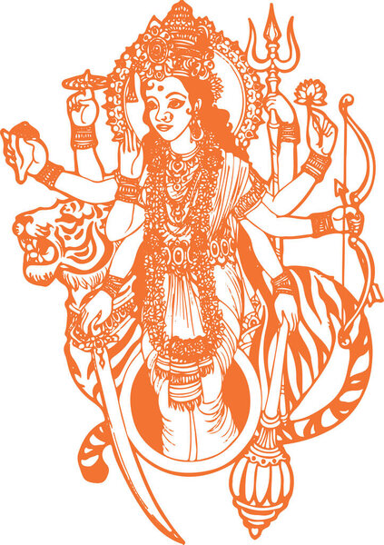 Drawing or Sketch of Goddess Durga Maa or Kali Mata Editable Vector Outline Illustration