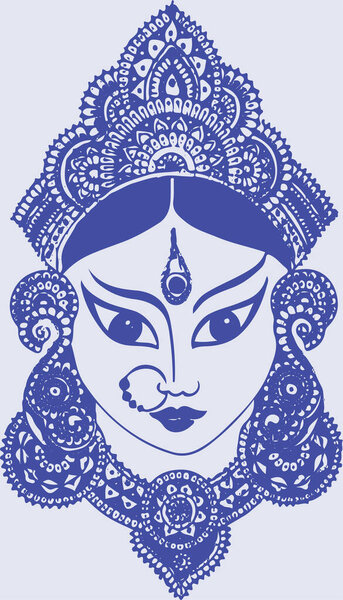 Drawing or Sketch of Goddess Durga Maa or Kali Mata Editable Vector Outline Illustration