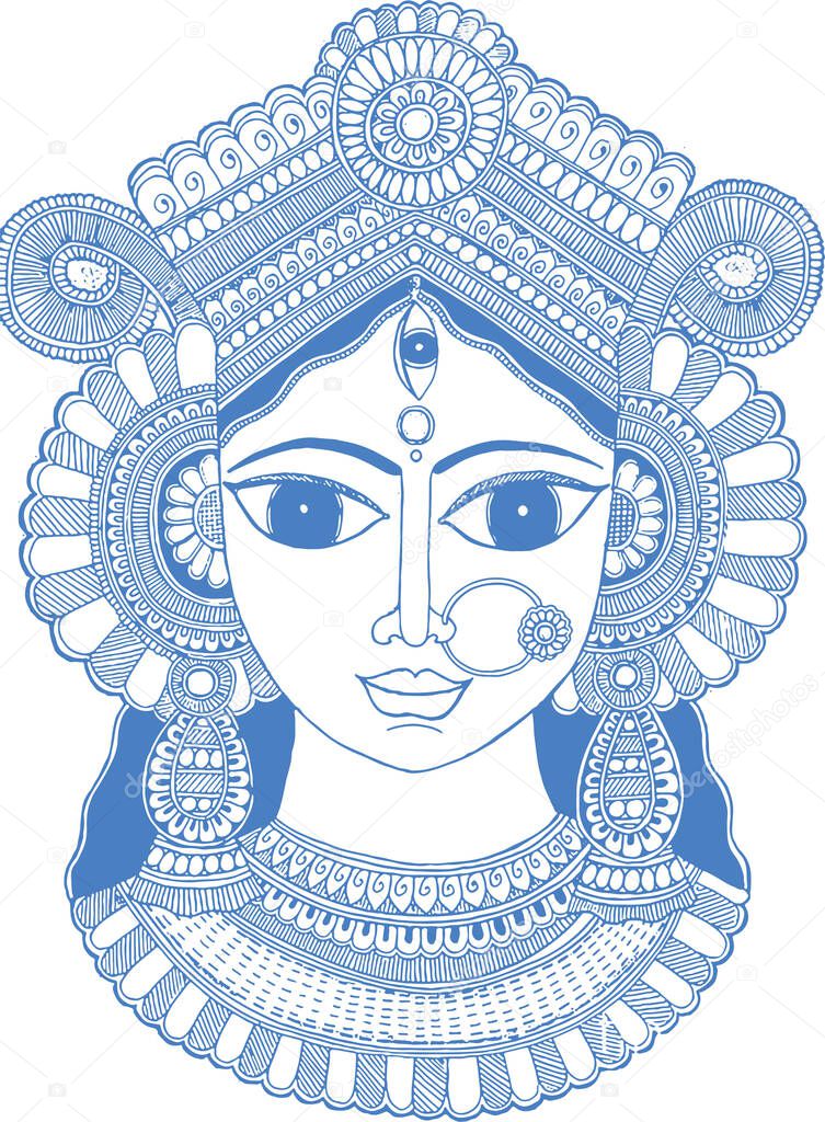 Drawing or Sketch of Goddess Durga Maa or Kali Mata Editable Vector Outline Illustration