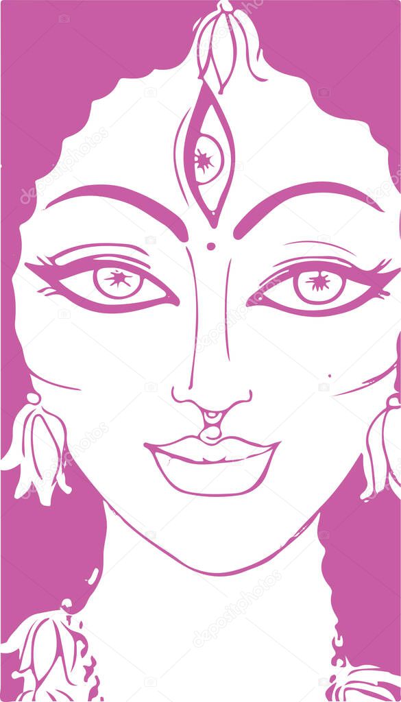 Drawing or Sketch of Goddess Durga Maa or Kali Mata Editable Vector Outline Illustration