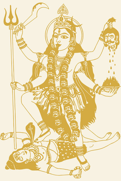 Drawing or Sketch of Hindu Goddess Durga or Kali Mata Outline Editable Illustration