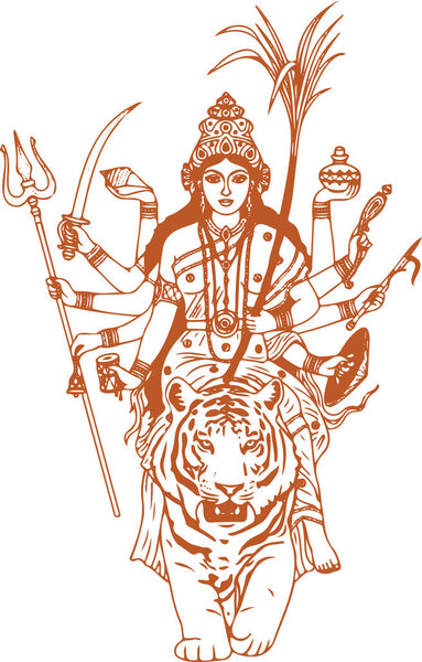 Drawing or Sketch of Hindu Goddess Durga or Kali Mata Outline Editable Illustration