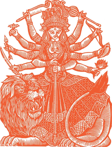 Desenho Esboço Deusa Hindu Durga Kali Mata Esboço Ilustração Editável — Vetor de Stock