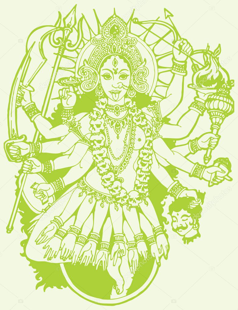 Drawing or Sketch of Hindu Goddess Durga or Kali Mata Outline Editable Illustration