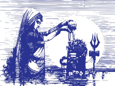 Drawing or Sketch of Indian women doing puja to Shivalinga in the Early Morning at Lake outline editable illustration clipart