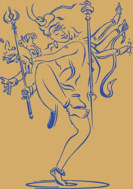 Lord Shiva 'nın ya da Rudra' nın çizimi ya da çizimi. Elle düzenlenebilir bir tasvirde birden fazla silahla dans etmek.