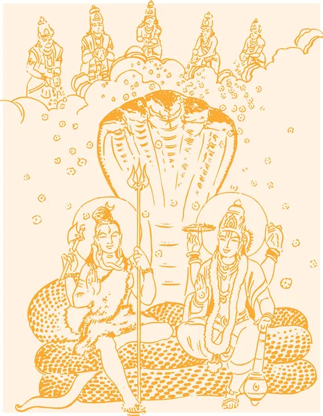 Desenho Esboço Deuses Hindus Lord Shiva Vishnu Sentados Juntos Acima — Vetor de Stock