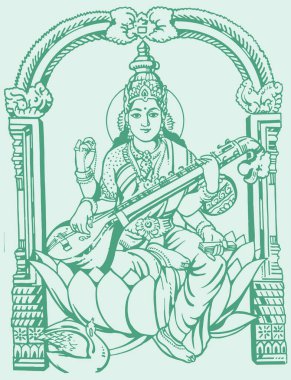 Lord Brahma Tanrıçası Saraswathi ya da Sharada 'nın Eşi' nin çizimi ya da çizimi. Bilgi Tanrısı Düzenlenebilir Çizim Çizimi
