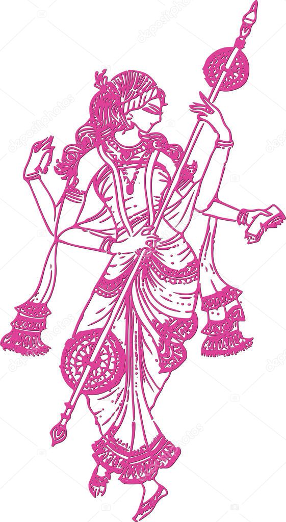 Drawing or Sketch of Saraswati or Sharada is the Hindu goddess of knowledge, music, art, speech, wisdom, and learning editable outline illustration