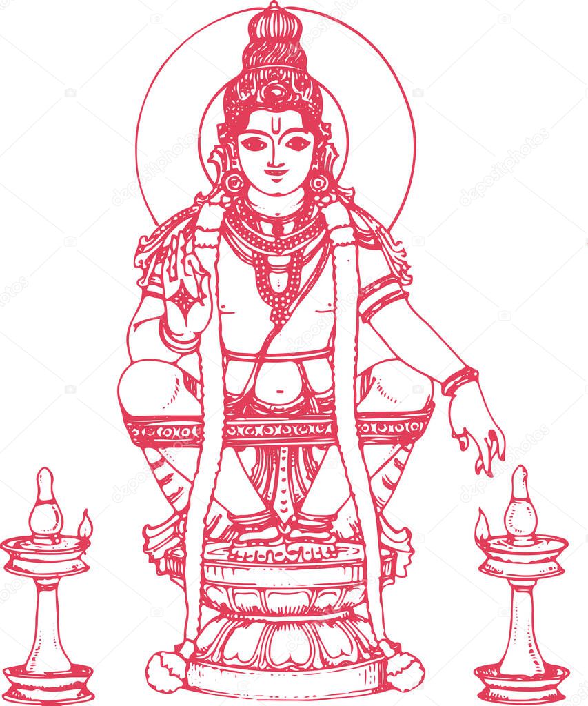 Drawing or Sketch of Lord Ayyappan or Ayyppa outline Editable Illustration