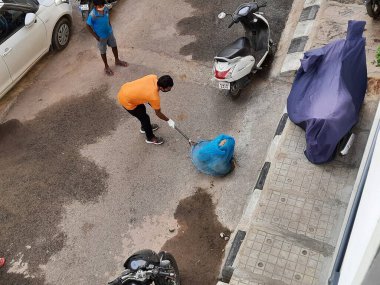 Bangalore, Karnataka / India-Nov 05-2020: BBMP İşçisi veya Doktor Sterilize 'ye yakın Laggere' deki tek kadın sokak köpekleri