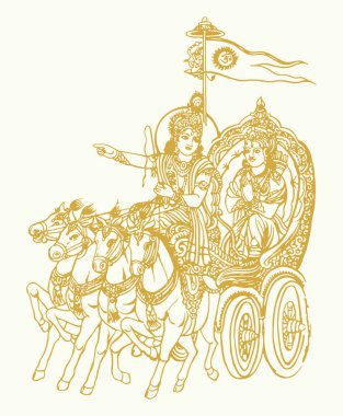 Lord Krishna 'nın çizimi ya da çizimi Bhagavad Gita' ya Kurukshetra 'daki savaş alanında Arjuna' ya At Arabası Düzenlenebilir Çizimi