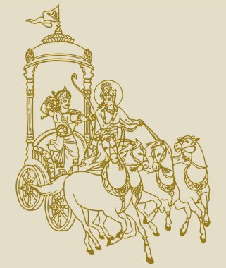 Drawing or Sketch of Lord Krishna telling Bhagavad Gita to Arjuna in Kurukshetra war field in Horse Chariot Editable Outline Illustration clipart