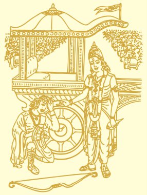 Lord Krishna 'nın çizimi ya da çizimi Bhagavad Gita' ya Kurukshetra 'daki savaş alanında Arjuna' ya At Arabası Düzenlenebilir Çizimi