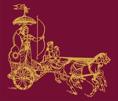 Lord Krishna 'nın çizimi ya da çizimi Bhagavad Gita' ya Kurukshetra 'daki savaş alanında Arjuna' ya At Arabası Düzenlenebilir Çizimi