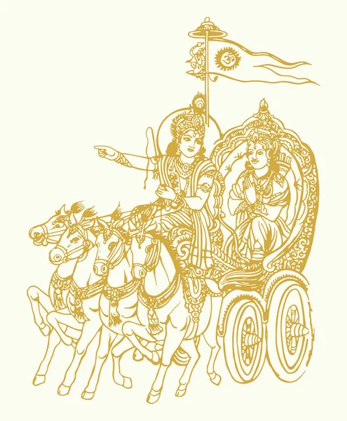 Dibujo Boceto Del Señor Krishna Diciéndole Bhagavad Gita Arjuna Campo — Vector de stock