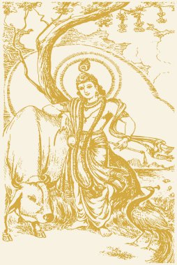 Lord Krishna 'nın Çizimi veya Çizimi İnek ve Tavuskuşu Özeti Düzenlenebilir Çizimi