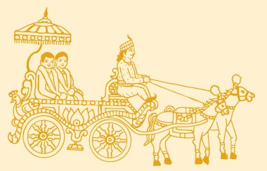 Geleneksel Hint geleneği Gelin ve Damat 'ın çizimi ya da çizimi, evlendikten sonra at arabasıyla gitmek. Taslak Düzenlenebilir Resimler