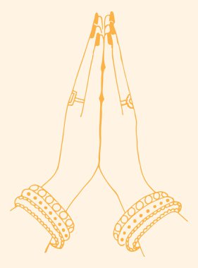 Kızılderili kadının namaste yaptığı iki el çizimi ya da çizimi. Hint kadınlarının hoş geldin jestleri Düzenlenebilir İllüstrasyon