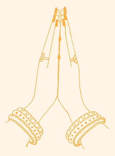 Σχέδιο Σκίτσο Του Δύο Χέρι Της Ινδιάνας Κυρία Κάνει Namaste — Διανυσματικό Αρχείο