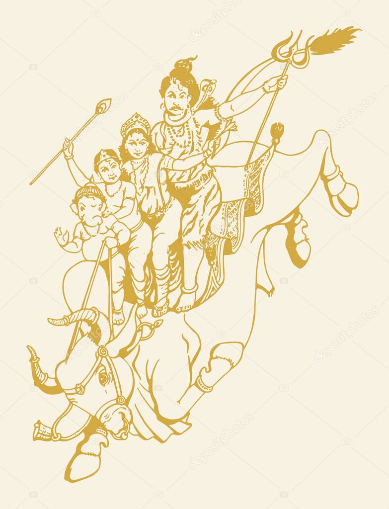 Drawing or Sketch of Lord Shiva and his family going riding by Nandi editable Outline Illustration