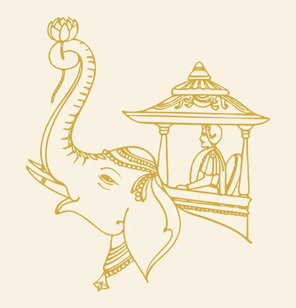 Tekening Tekening Van Bruidegom Zittend Boven Versierde Elephant Editable Outline — Stockvector