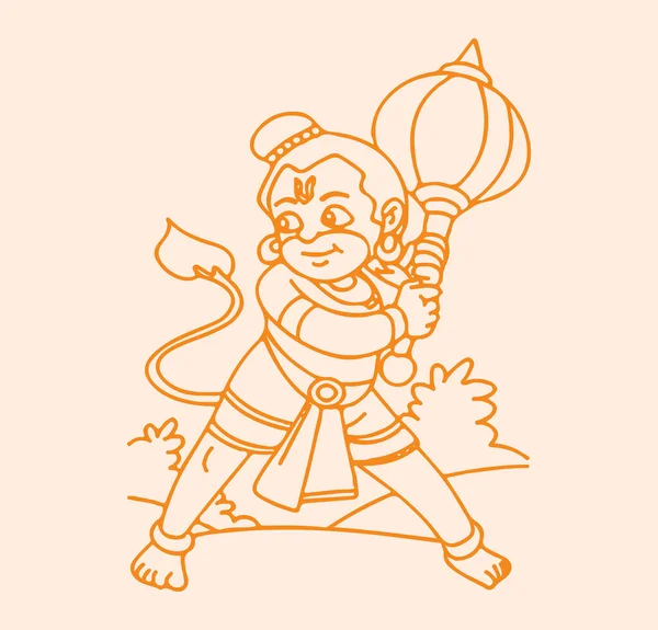 Drawing Sketch Baby Hanuman Gada Mace Holding Hand Outline Editable — Stock Vector
