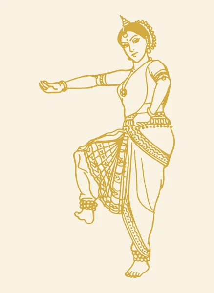Drawing Sketch Woman Performing Bharatanatyam Classical Indian Dance Outline Editable — Stock Vector