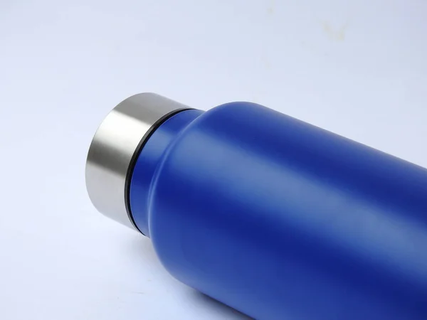 Closeup Van Blue Color Steel Water Bottle Met Dop Open — Stockfoto