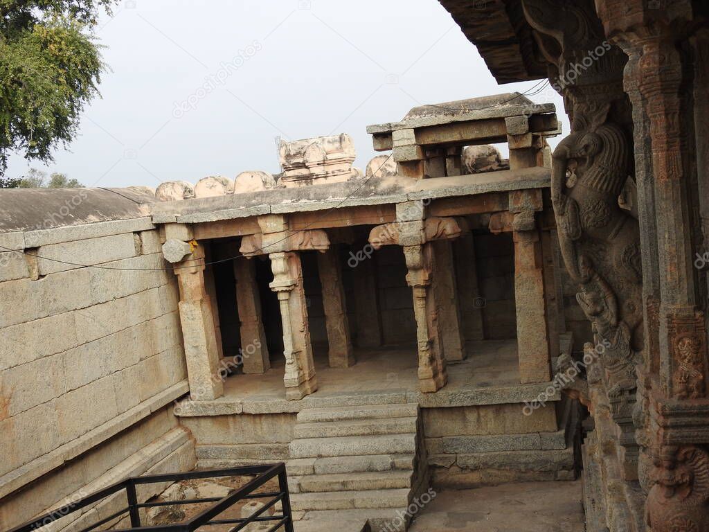 Closeup of beautiful Veerabhadra Hindu temple located in Lepakshi in the state of Andhra Pradesh, India