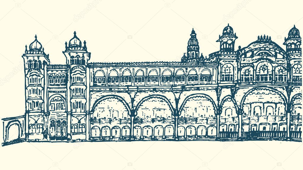 Drawing or Sketch of Very Famous Mysore Palace Outline Editable Illustration