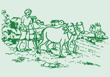 Tarımsal alanda, köyde ya da kırsal çevrede bir inekle çalışan çiftçinin çizimi ya da çizimi düzenlenebilir illüstrasyon çizimi