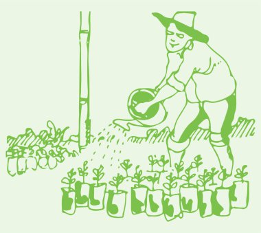 Tarımsal alanda, köyde ya da kırsal çevrede bir inekle çalışan çiftçinin çizimi ya da çizimi düzenlenebilir illüstrasyon çizimi