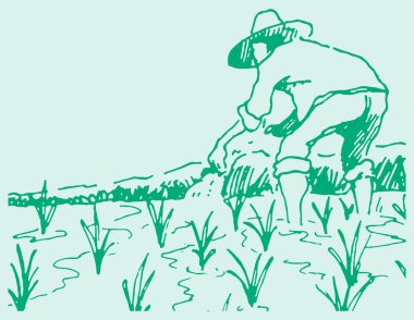 Tarımsal alanda, köyde ya da kırsal çevrede bir inekle çalışan çiftçinin çizimi ya da çizimi düzenlenebilir illüstrasyon çizimi