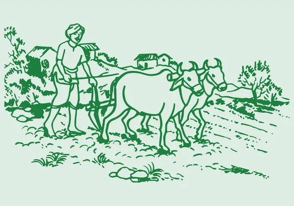 Mezőgazdasági Területen Faluban Vagy Vidéki Környezetben Tehénnel Dolgozó Mezőgazdasági Termelő — Stock Vector