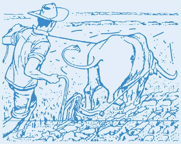 Desenho Esboço Agricultor Trabalhando Com Uma Vaca Campo Agrícola Aldeia — Vetor de Stock